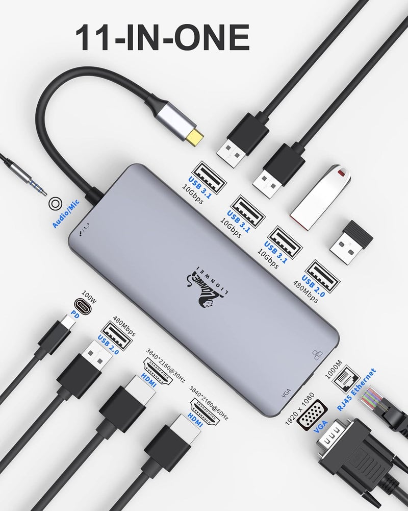 LIONWEI محطة إرساء لابتوب بشاشة مزدوجة، 11 في 1 إلى 4K HDMI، VGA، إيثرنت جيجابت، 3 USB 3.1 10G، 2 USB 2.0، 87W PD، صوت لدل/سيرفيس/HP/لينوفو لابتوبات - Image 2